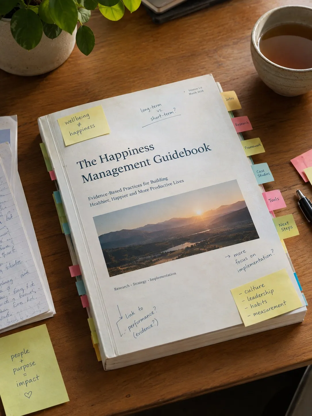 The printed guidebook on a wooden desk, its edge tabbed with coloured markers and its cover covered in handwritten sticky notes, a cup of tea and an open notebook beside it.